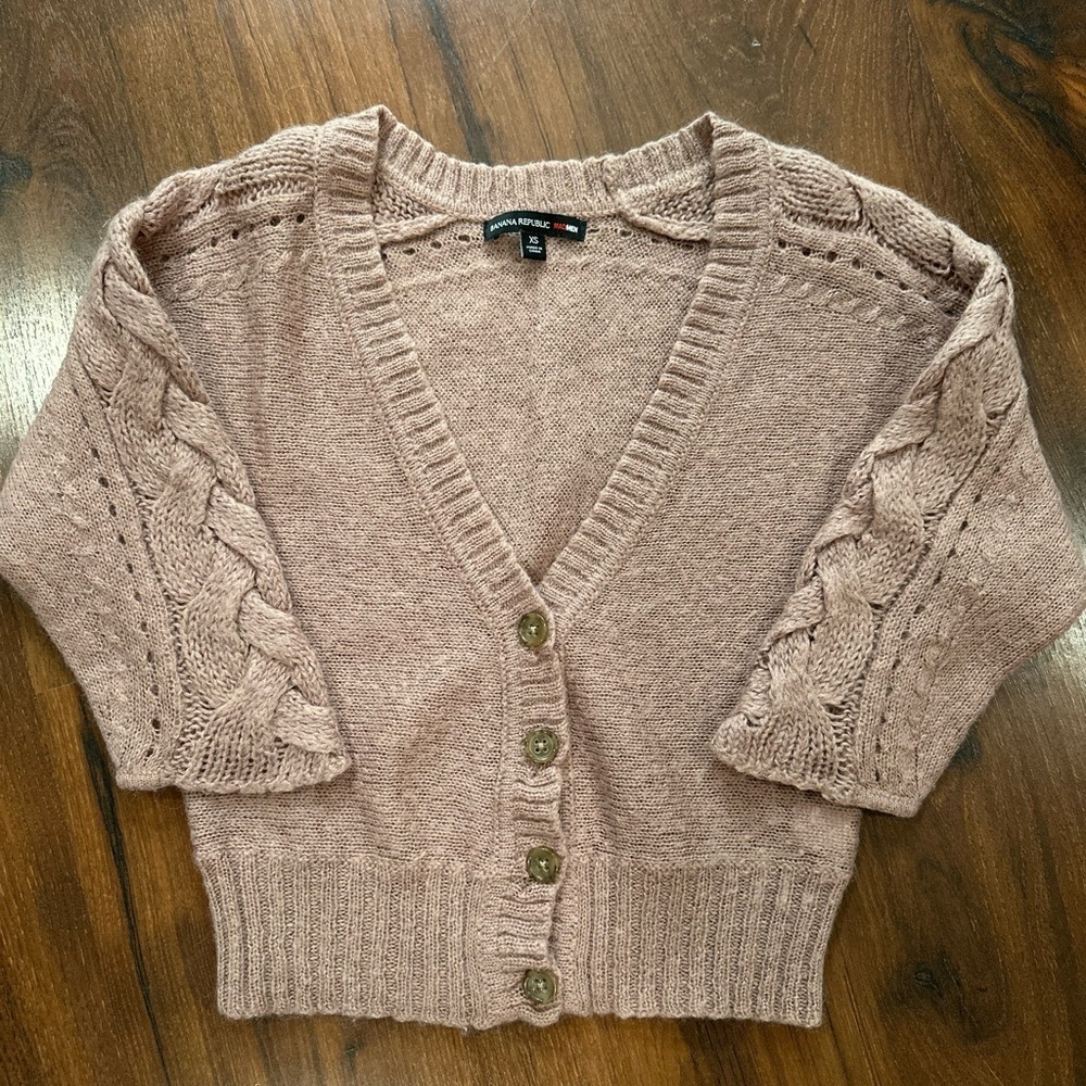 Banana Republic MadMen Mohair Wool Peach Lightweight Cable Knit Cardigan Sz XS